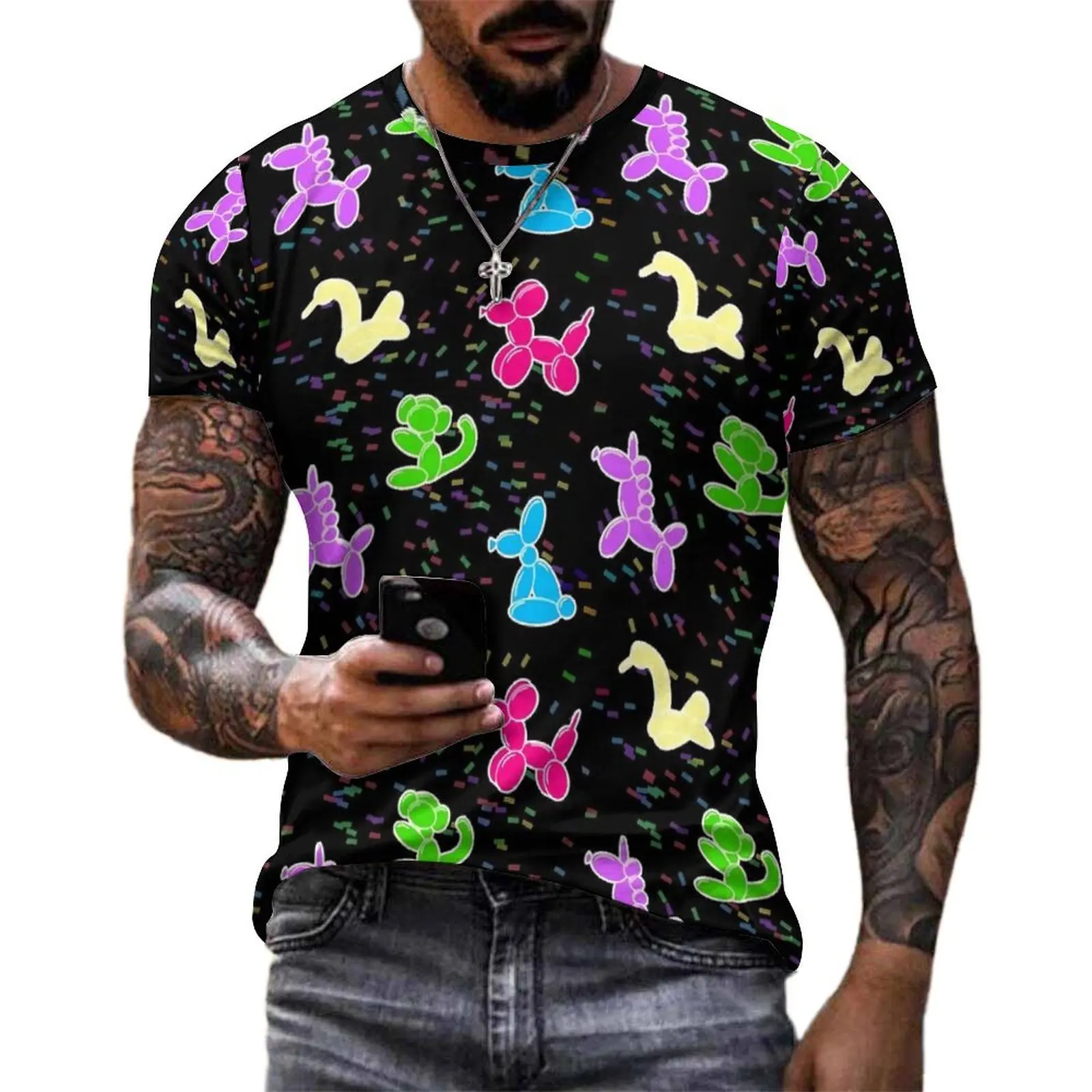 Men Balloon Animals T Shirt Colorful Print Fashion T-Shirts Short Sleeve Printed Tops Cheap Summer Awesome Plus Size Clothes