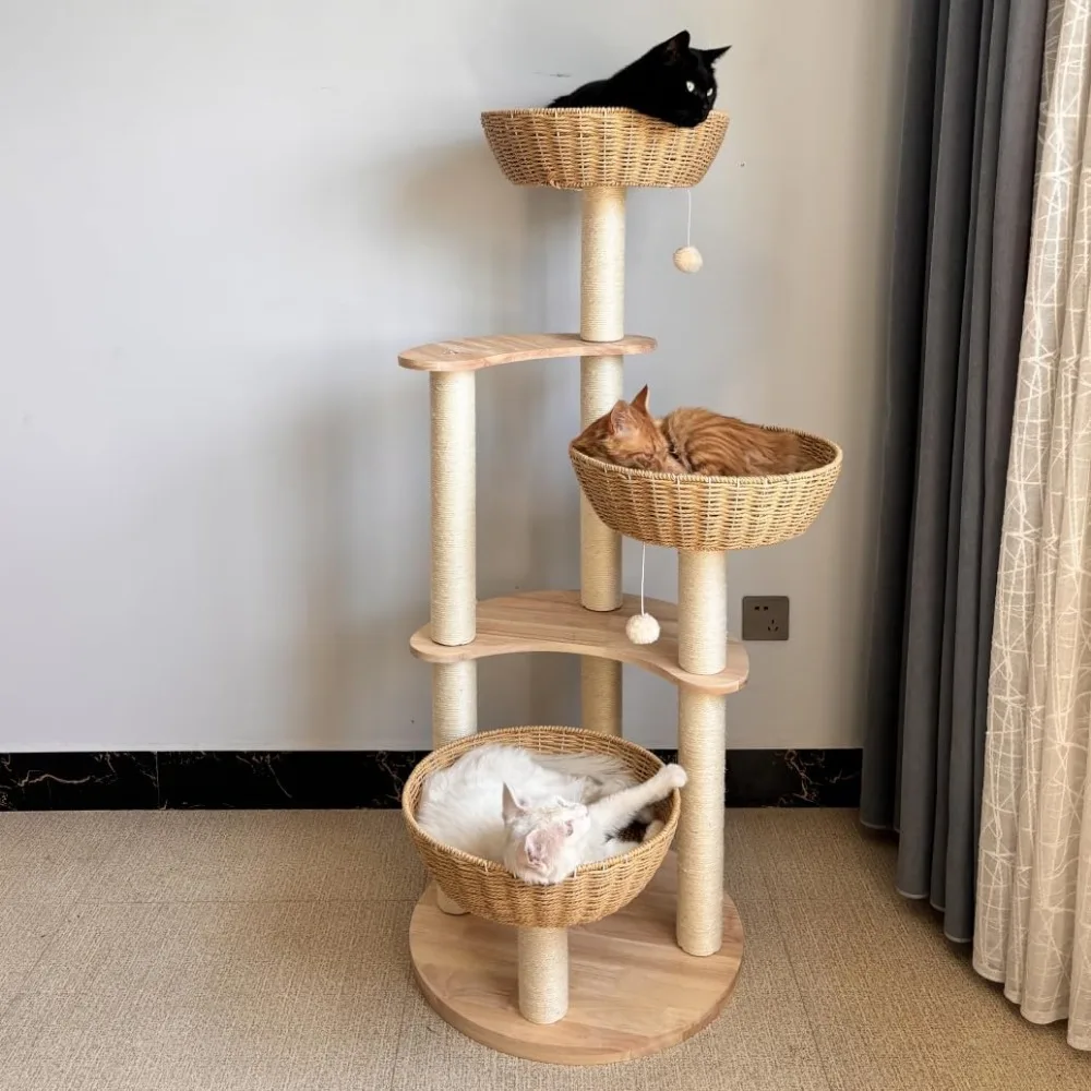 

54 "Wood luxury multi-storey oak solid wood cat tree cat tower, 3 rattan woven cat nest and washable mat, sisal scratching post