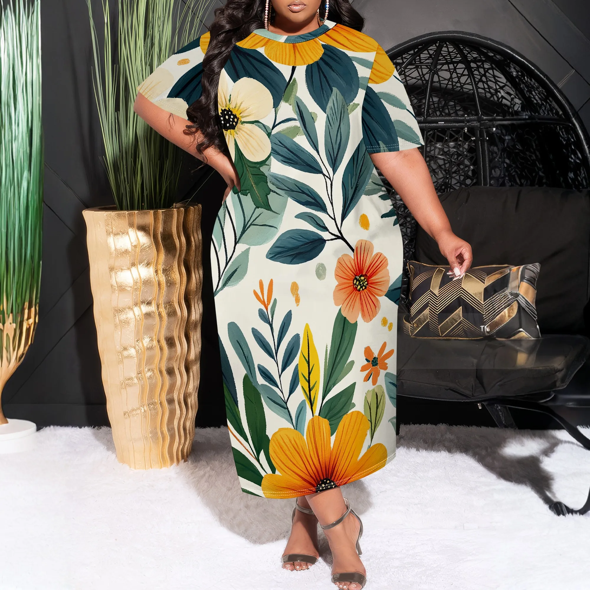 

Женское летнее модное платье больших размеров с принтом, свободное повседневное платье с карманами