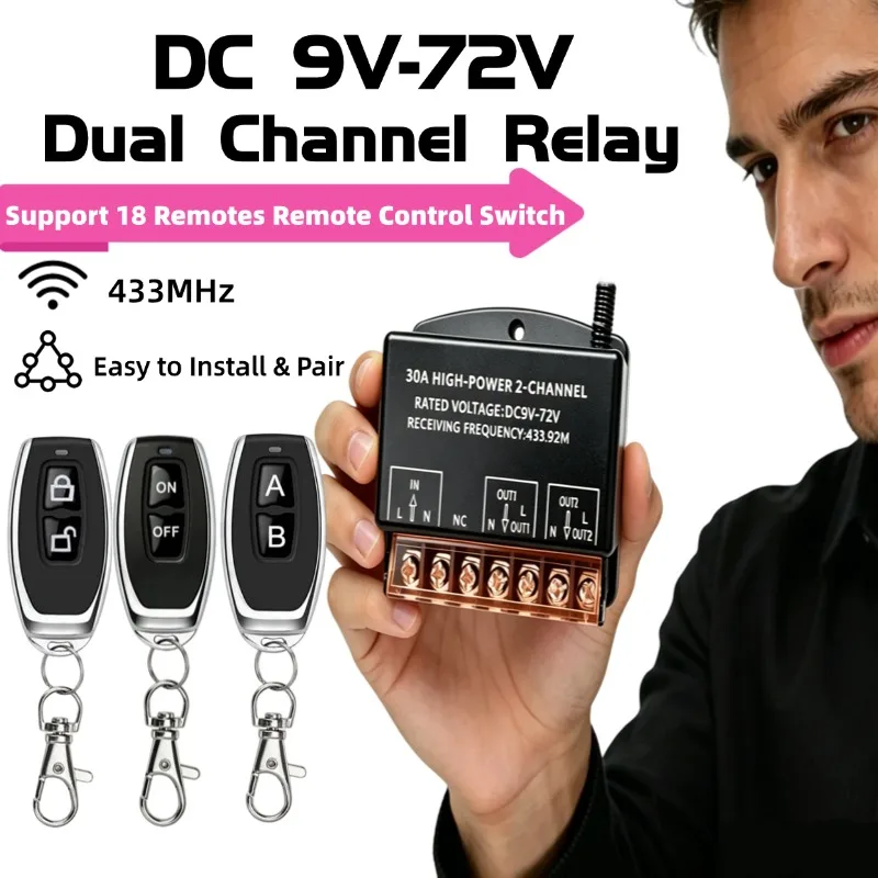 DC9-72V 30A 2CH Wireless Remote Control Switch, Momentary/Latching/Interlock Relay for DC Motor Water Pump Rolling Shutter LED