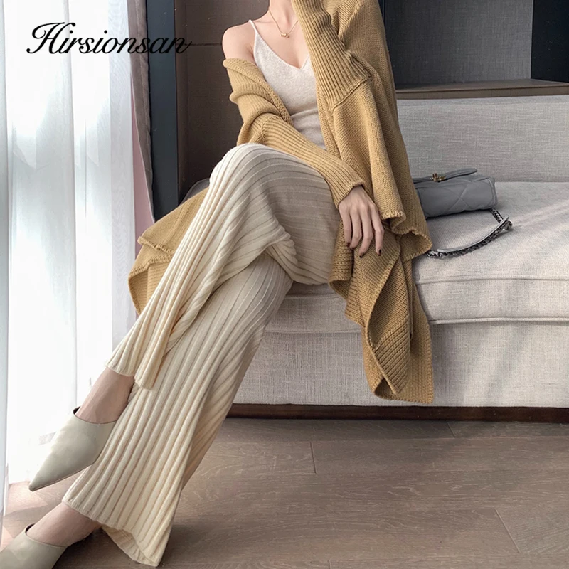 Hirsionsan Cashmere Soft Wide Leg Pants Women 2023 Winter Korean Vintage Straight Pants Loose Female High Waist Knitted Trousers