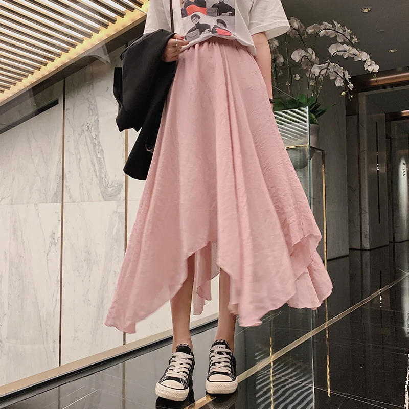 

Юбка миди с высокой талией, однотонная, асимметричная, с плиссировкой, универсальная, для женщин, весна-лето, новинка