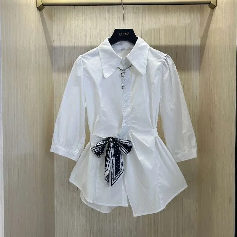 

2024 white high-end shirt fashionable spring and summer new shirt waist cinching slimming design seven quarter sleeve top