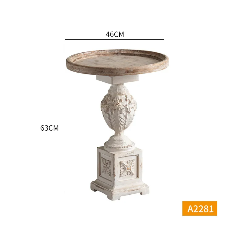 Roman column carved round table white French style, milk tea coffee table solid wood villa, living room style