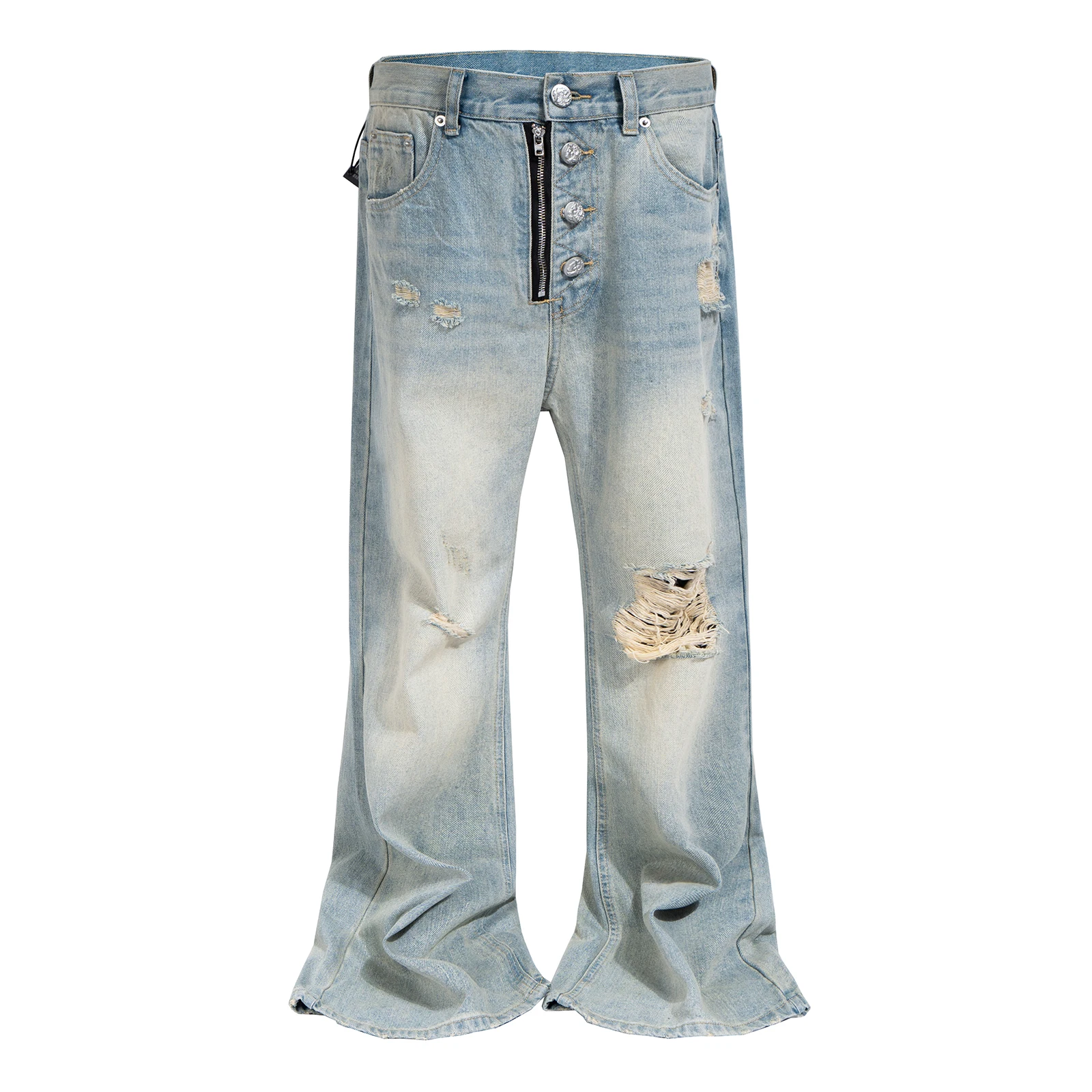 Men's Distressed Flare Jeans Metal Button Wash Ripped Wide Leg Denim Pants Front Zip Up Streetwear Vintage Baggy Jean Trousers