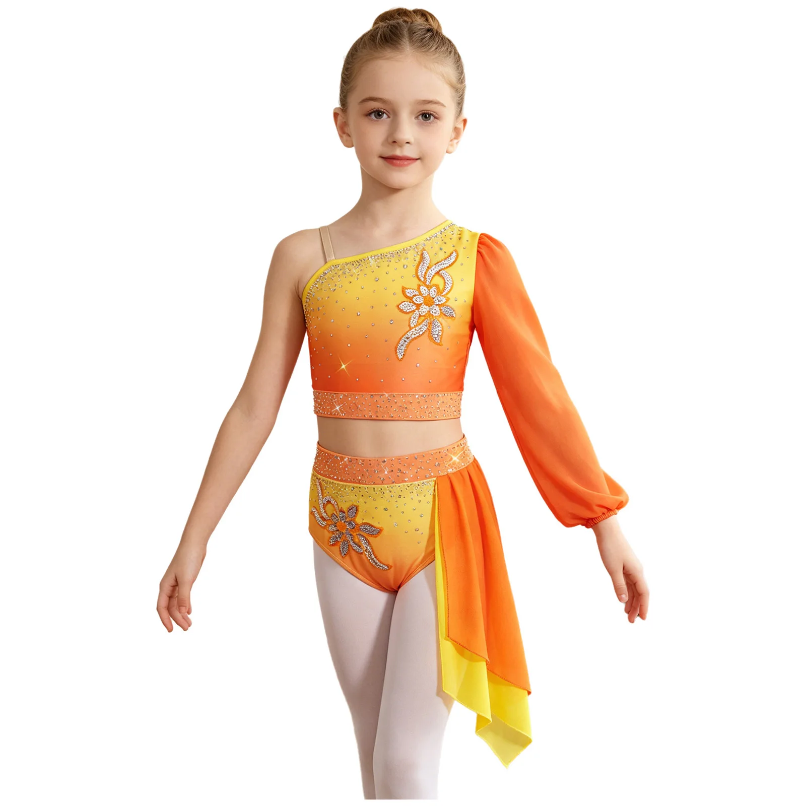 Kid Girls Lyrical Figure Skating Dance Performance Outfit Applique Belly Set One Shoulder Long Sleeve Crop Top And Draped Briefs
