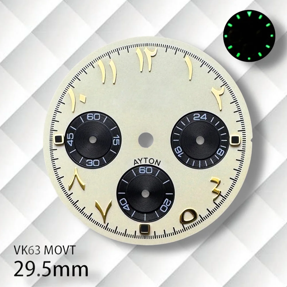 29.5mm S 로고 DTN 팬더 다이얼 VK63 무브먼트 호환 녹색 야광 최신 스타일 다이얼 시계 개조 액세서리
