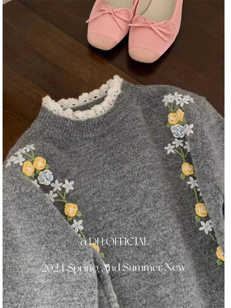 Korean Vintage Knit Sweater For Women Flower Embroidery Elegant Fashion Stylish Pullover Tops 2024 Summer Short Sleeve Jumpers