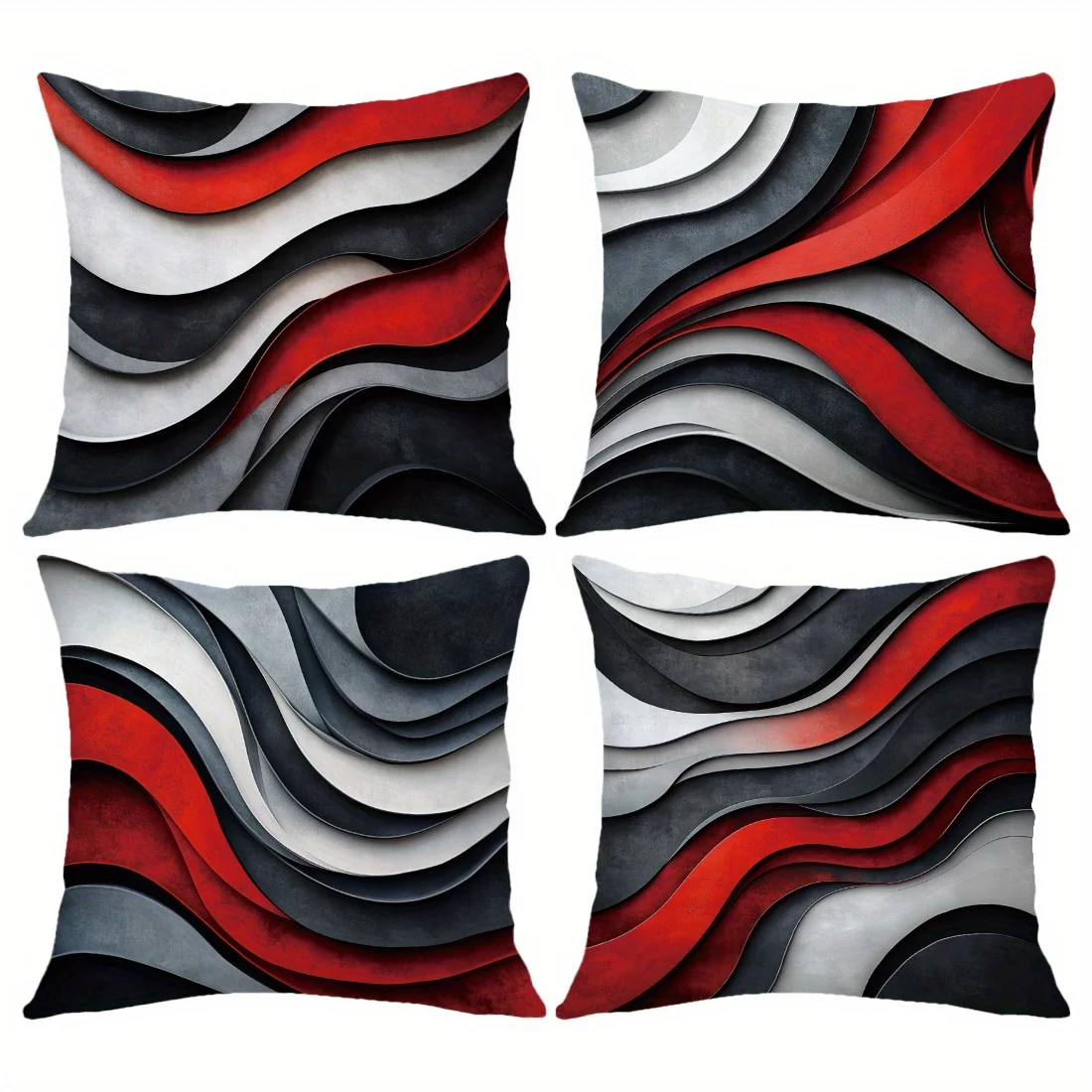 4pc Black and White Red Wavy Layered Pillow Covers,  Decorative Cushion Covers for Living Room,  (Insert Not Included)