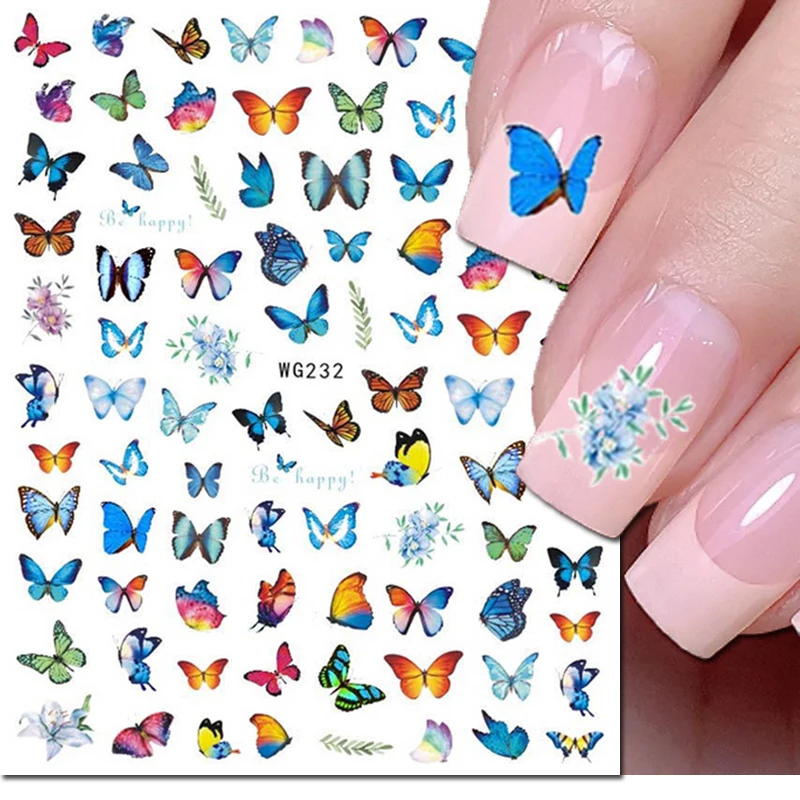 

3d Nail Art Adhesive Sliders Stickers Purple Blue Flowers Color Butterflys Decals For Nails Decorations Manicures Tips