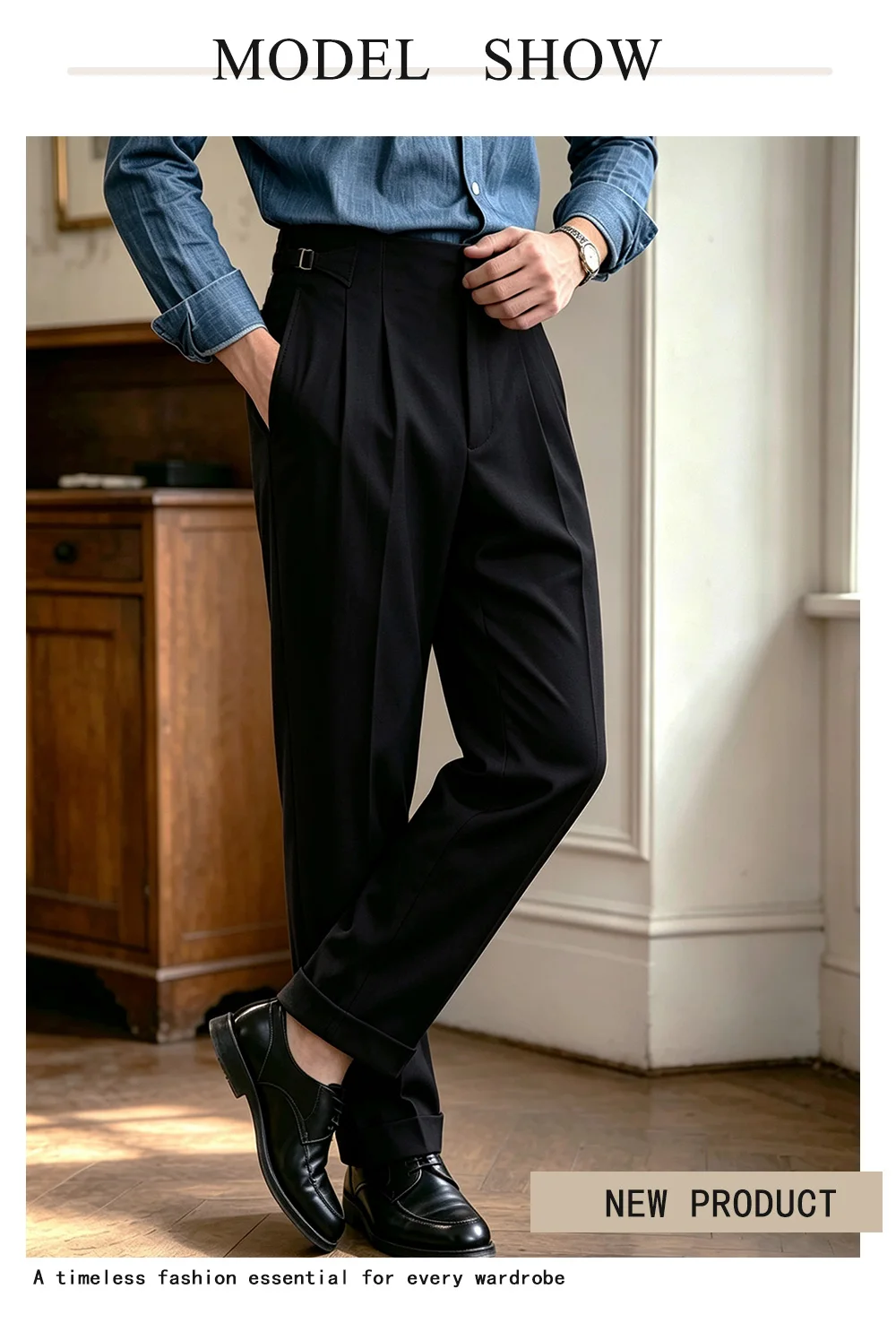 2026 Herbst-Winter Herrenanzughose im Neapolitan-Stil, Knopfleiste, hohe Taille, weites Bein, leichte Business-Formalhose für den Alltag – Detail 2