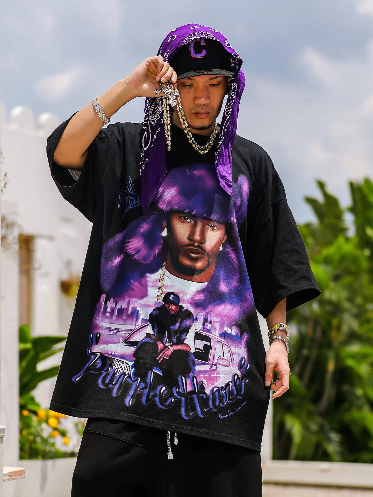 Loose Fit Men's Short Sleeve T-Shirt AcusaDipset Harlem Idol Boy Group Ink Spray Purple Mist Album Cover Hip Hop Style Breath...