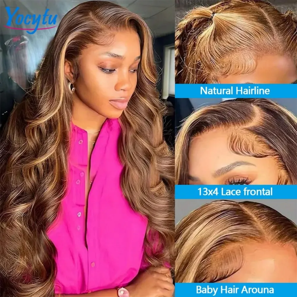 13X4 Highlight Perücke Echthaar 26 Zoll Körperwelle Echthaar Perücken 4/27 Honigblonde Echthaarperücke Ombre Braun gefärbte Echthaarperücken – Detail 5