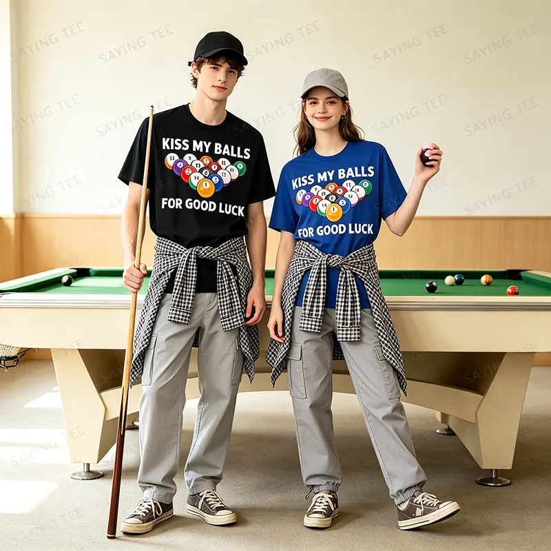 Funny Billiards Art for Men Boys Billiard Lover Pool Player T-Shirt Y2k Kiss My Balls for Good Luck Billiard Lovers Saying Tee