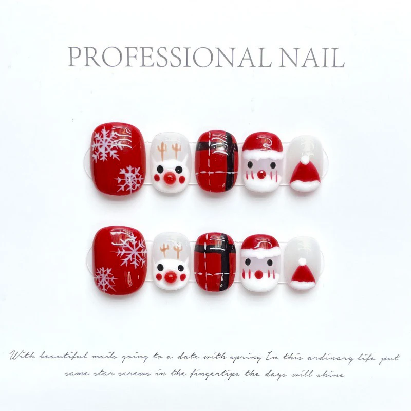 10Pcs Christmas Atmosphere Press on Nails Handmade Pearl Chain Snowflake Deer Gingerbread Decor Winter False Nails For Party﻿﻿﻿﻿