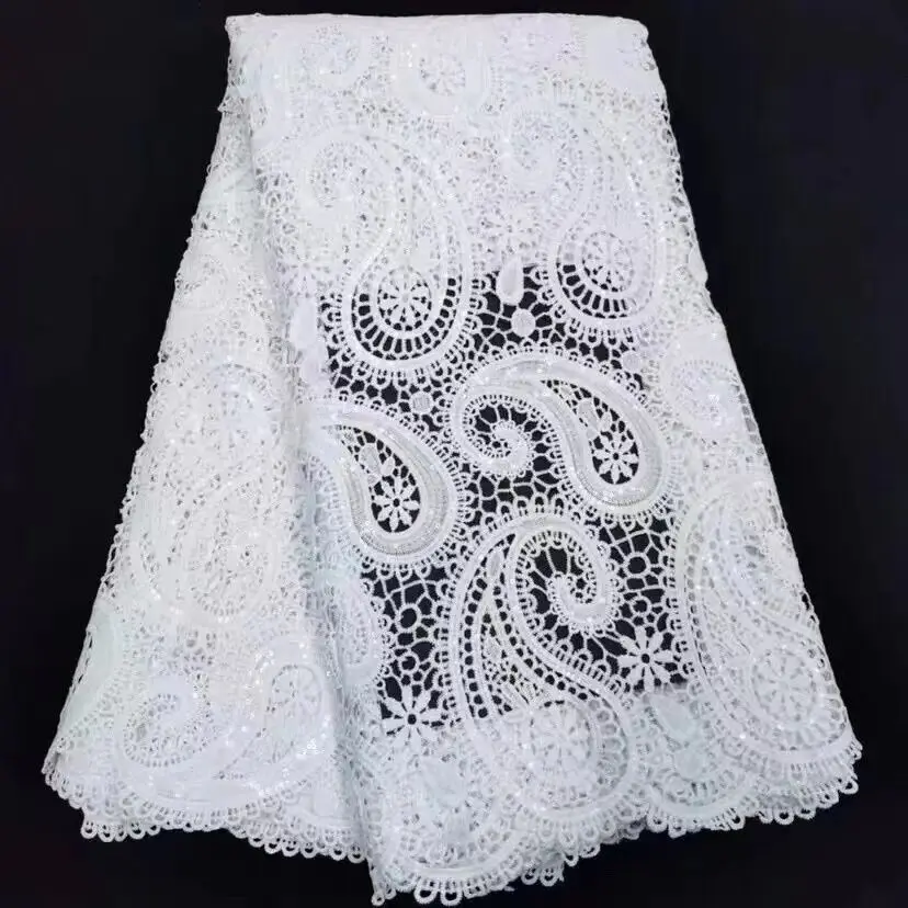 Pure White African Guipure Cord Sequins Lace Fabric Embroidery Nigerian Water Soluble Fabric Stones For Dress