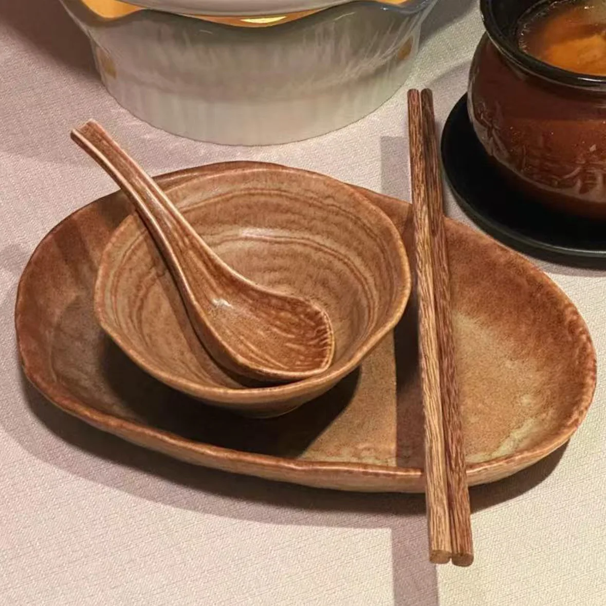 

HYS ceramic table four-piece creative retro mountain wind restaurant bone saucer water cup soup rice bowl spoon plate