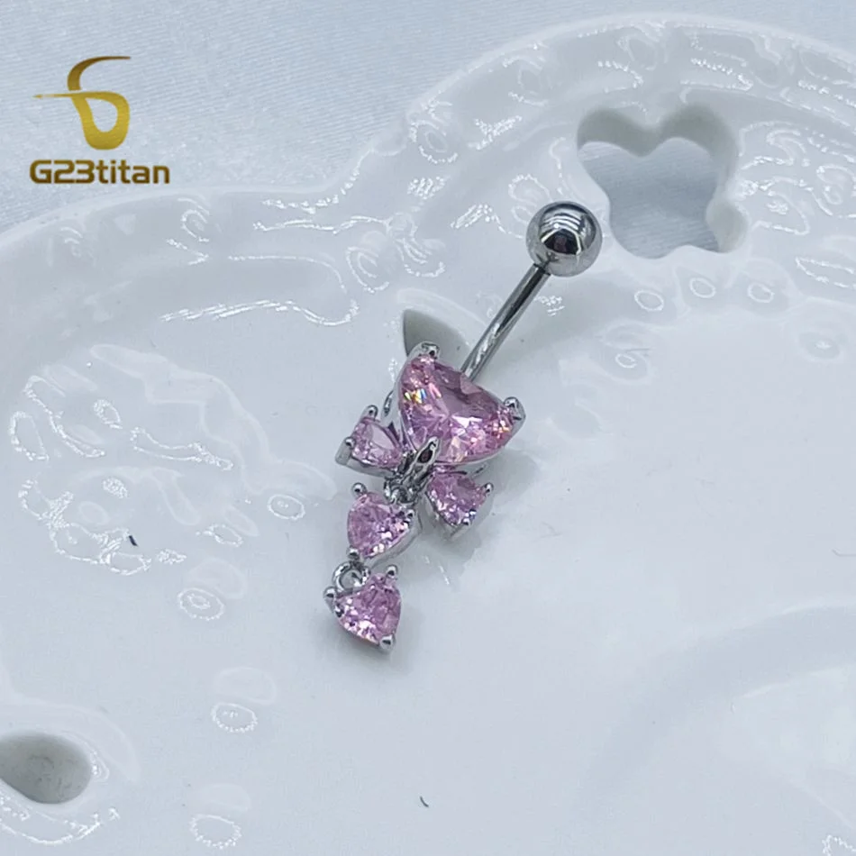 G23Titan Pink Zircon Heart Navel Rings 14G 6-16mm Length Titanium Barbell Belly Button Piercings Ombligo Summer Romantic Jewelry