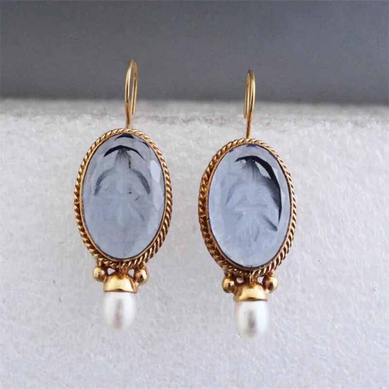 1 Pair Fashion Round Vintage Style Pearls Crystal Stone Blue Color Earrings Women\'s New Elegant Party Prom Jewelry