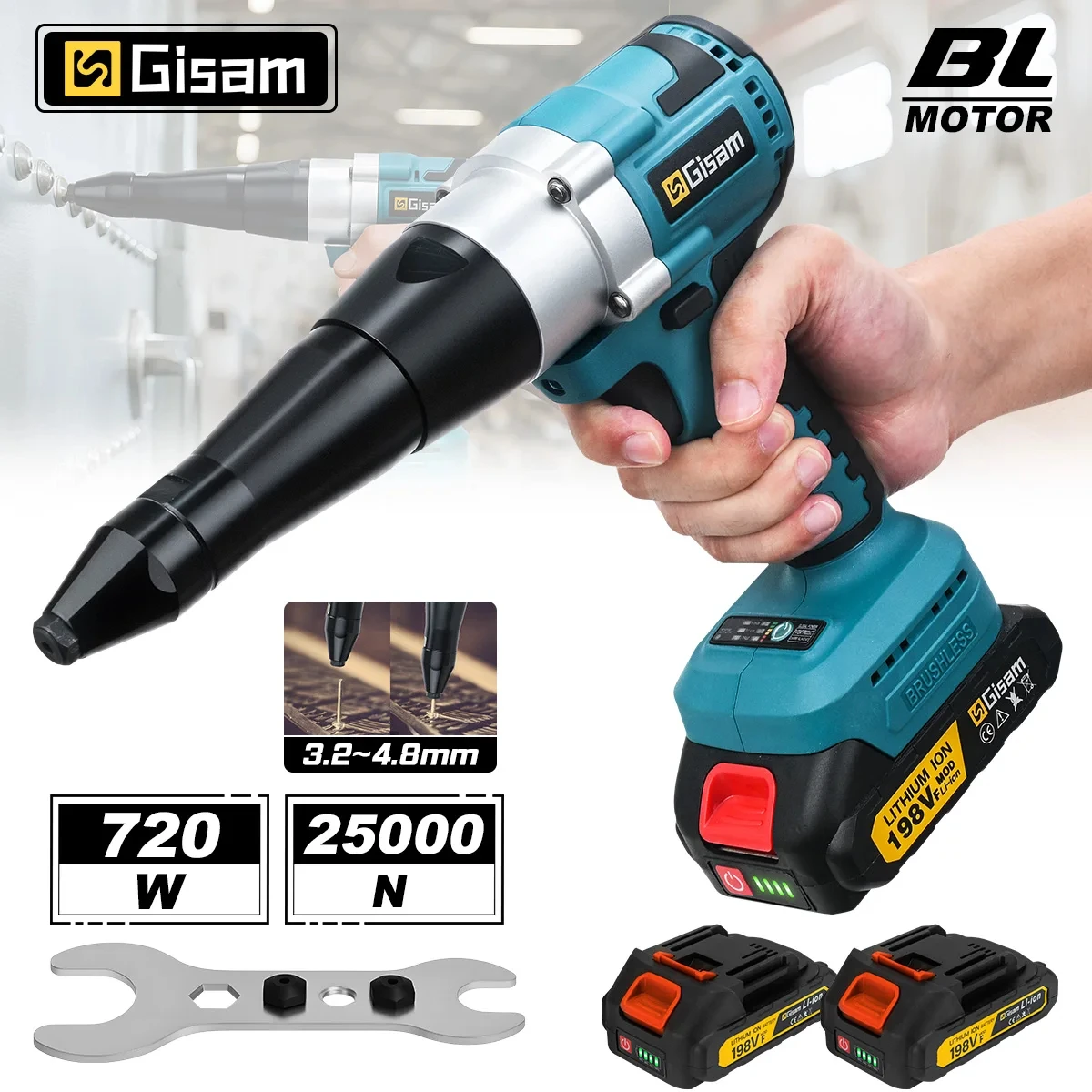 Gisam Bezszczotkowa Elektryczna Nitownica 20000N Akumulatorowa Nitownica do Nakrętek Nitonakrętkowych 2.4~4.8mm Narzędzia Elektryczne do Wkrętarek do Akumulatorów Makita 18V