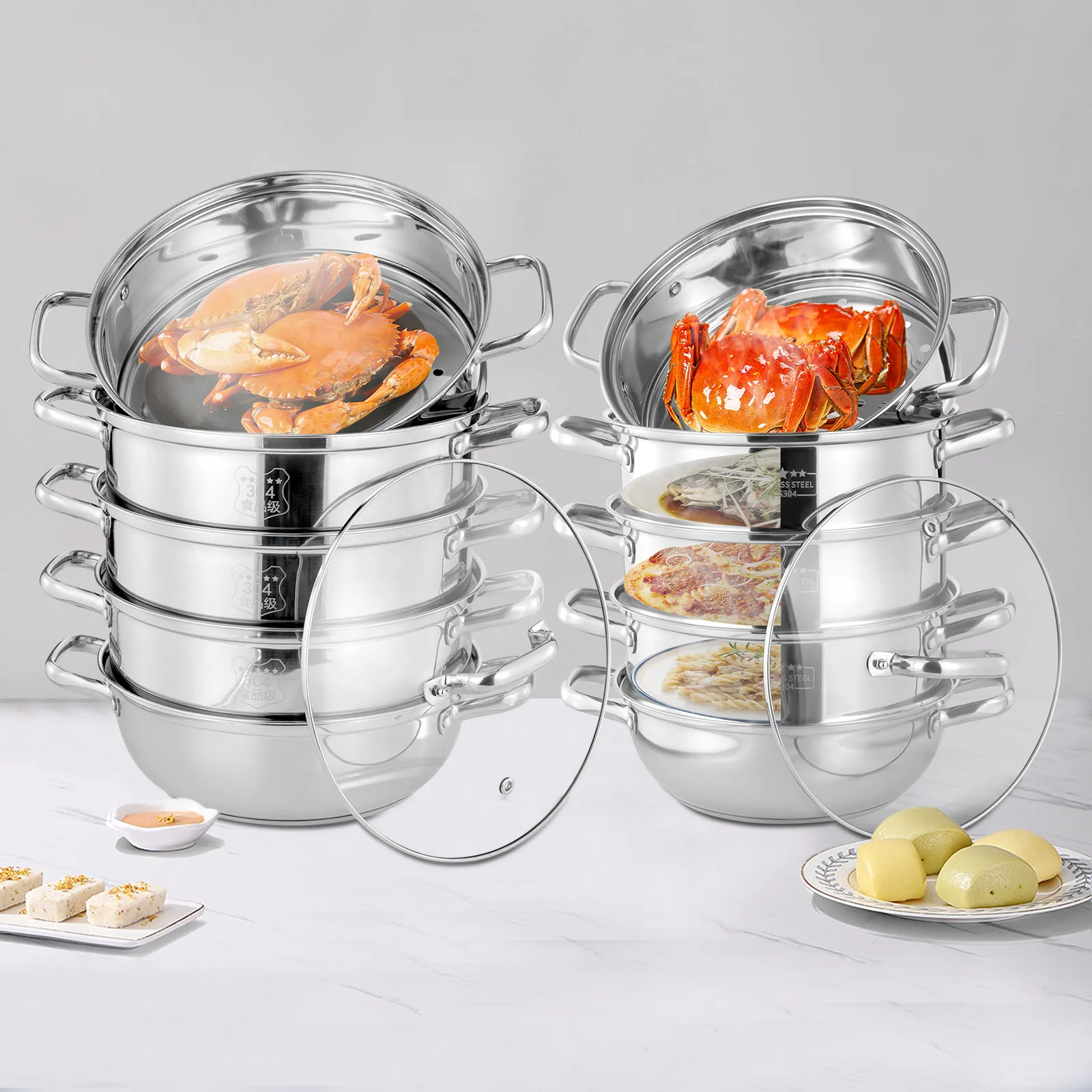 28/30 cm 5-lagiger Dampfgarer aus Edelstahl, 5-lagiger integrierter Dampfgarer, geeignete Öfen, einschließlich Gas, Induktion, elektrisch, Keramik