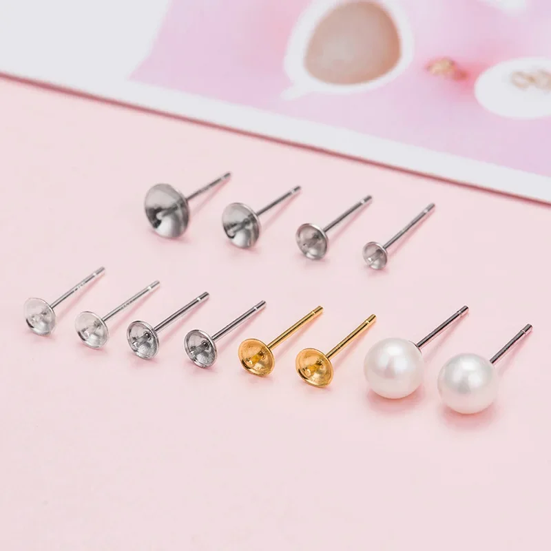 

30Pcs Brass 18K Gold Plated Post Earring Pin Pad 3/4/5/6mm Cup w/Peg For DIY Half Drilled Pearl Earrings Setting Jewelry Making