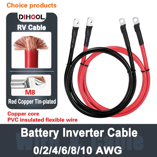 Juego de cables de conexión del inversor de batería con terminales 8/6/4/2 AWG 10/16/25/35mm2 Cable UPS trenzado núcleo de cobre rojo estañado Lug