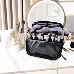 Waterproof Oxford Makeup Brush Holder with Zipper Detachable Compartment Pouch Holds 100 Brushes Foldable Travel Case