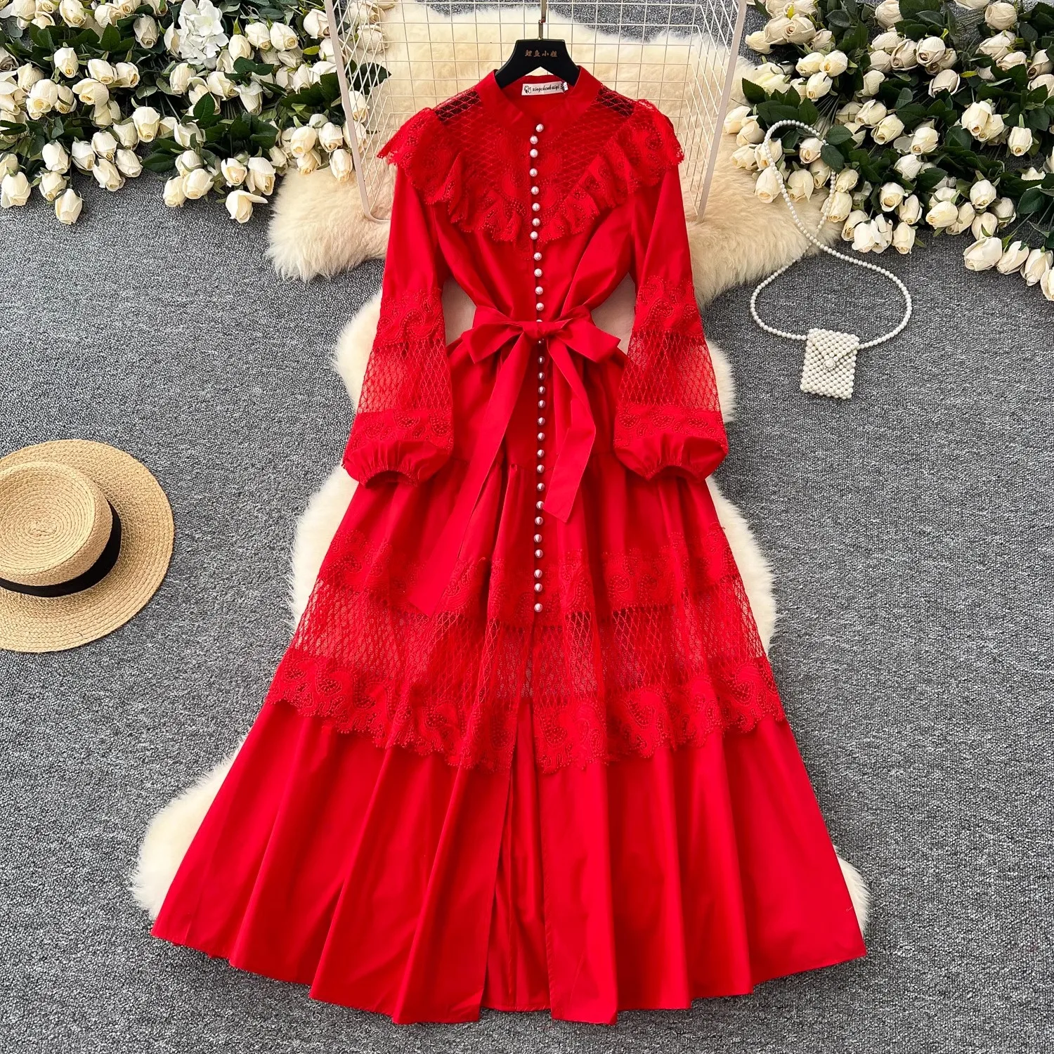 

Runway Ruffles Flower Lace Embroidery Patchwork Red Long Party Dress Women's Pearls Single Breasted Vintage Evening Prom Vestido