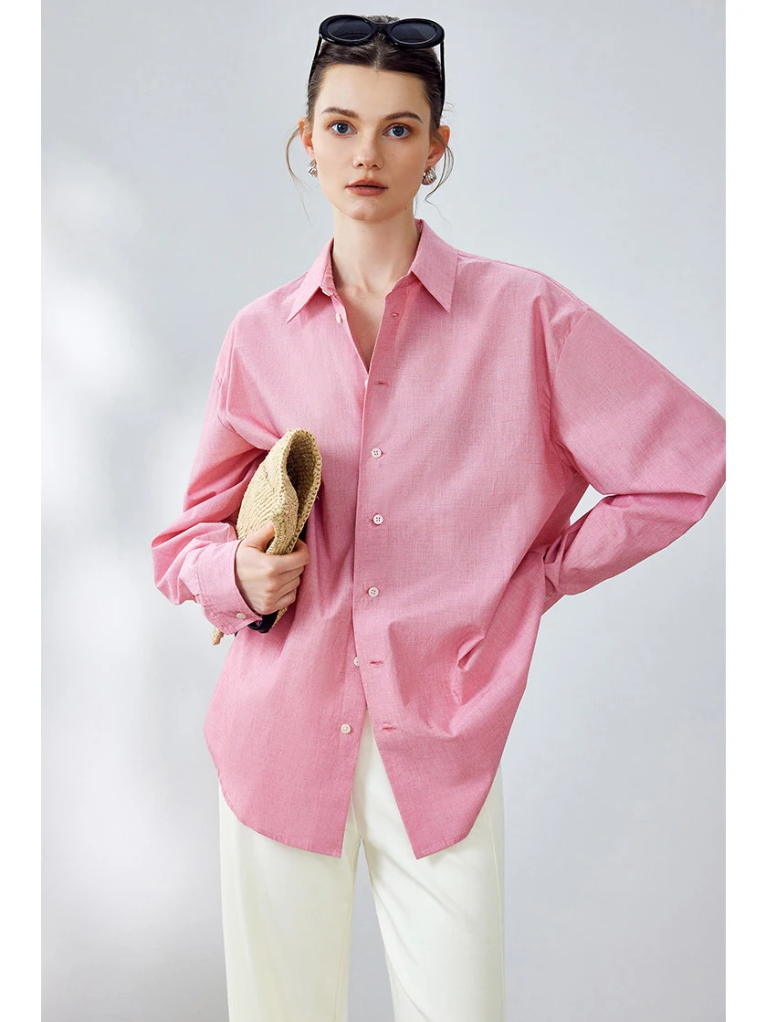 

Loose Fit Color Woven Silk Cotton Single Buttoned Collar irt Soft Mist White Enhancing Spring New Faion Women's irt