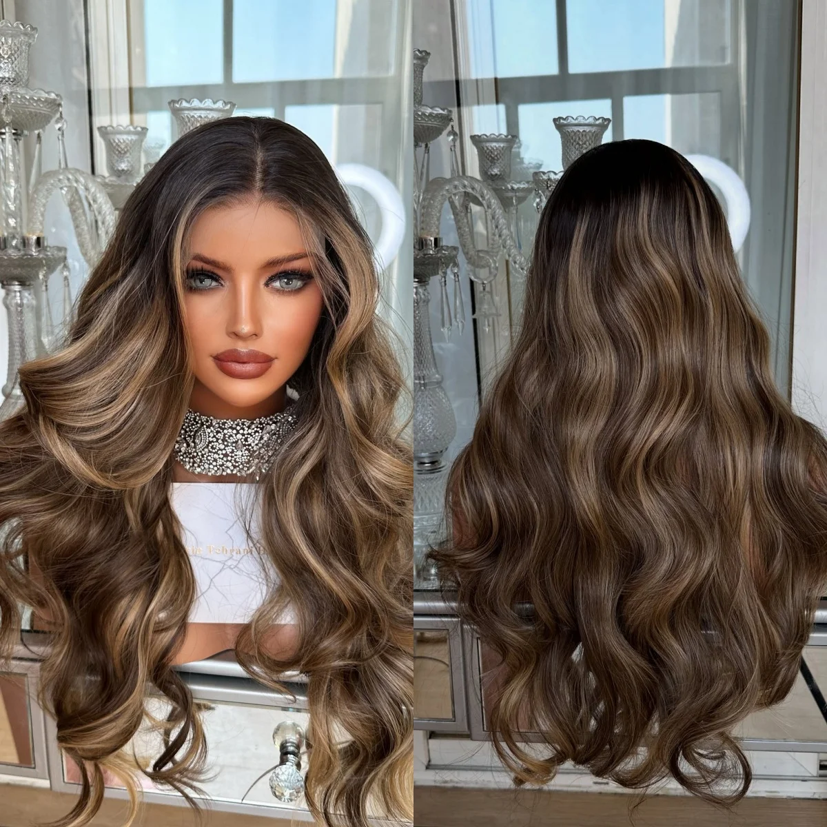 180% Density 13x4 Ombre Chestnut Brown Synthetic Lace Front Wig with Roots 26Inch Long Body Wave Wig Original Factory Cheap Wigs