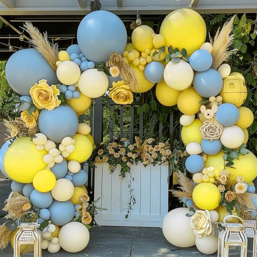 65pcs Blue Yellow Balloon Garland, White Sand Yellow Balloon Dusty Blue Balloon Arch Kit for Baby Shower Birthday Party Decor