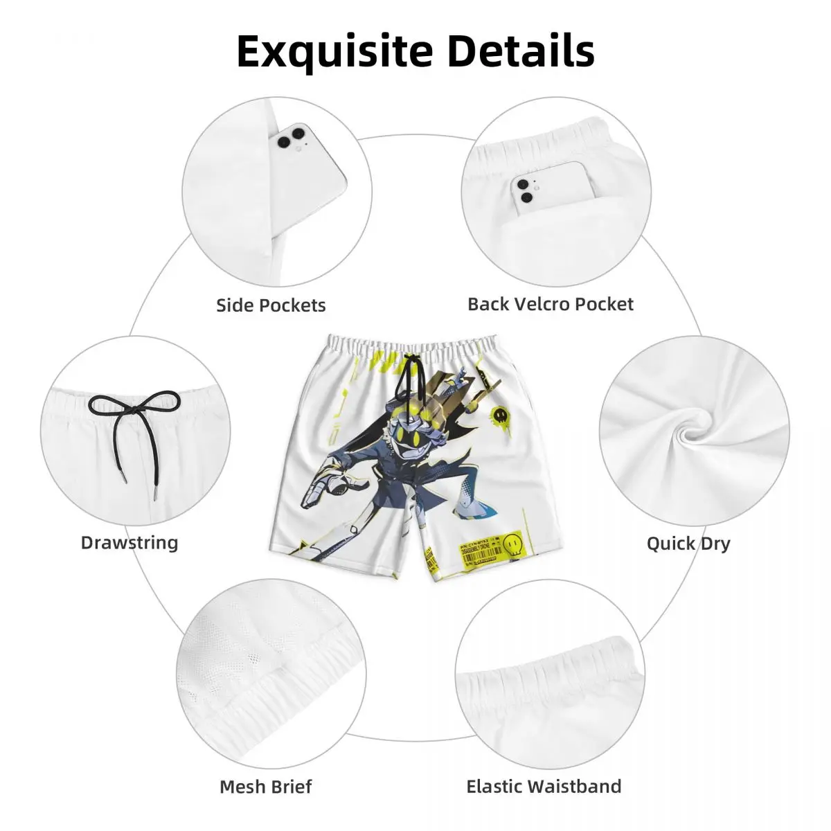 ฆาตกรรม Drones Uzi กางเกงขาสั้นฤดูร้อนการ์ตูนอะนิเมะกีฬาสั้นกางเกงผู้ชาย Fast Dryid ฮาวายขนาดใหญ่กางเกงชายหาด