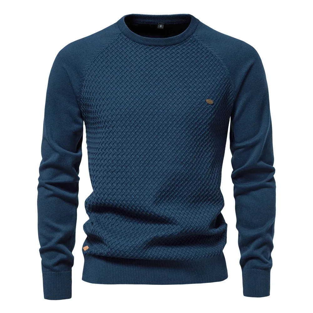 

New Men's Cotton Sweater For Autumn Winter Crew Neck Pullover Sweater With Solid Color Casual Business Geometric Knitted Sweater