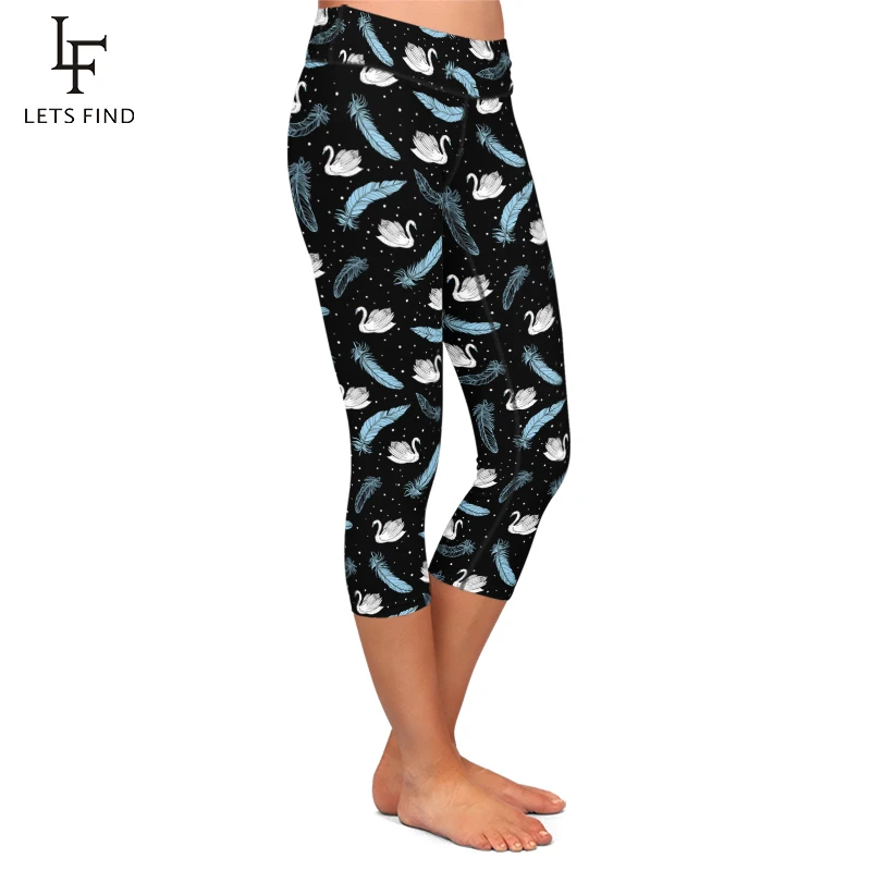 LETSFIND-mallas Capri de cintura alta, Leggings suaves y cómodos con estampado Digital de cisnes y plumas, color negro, para Fitness