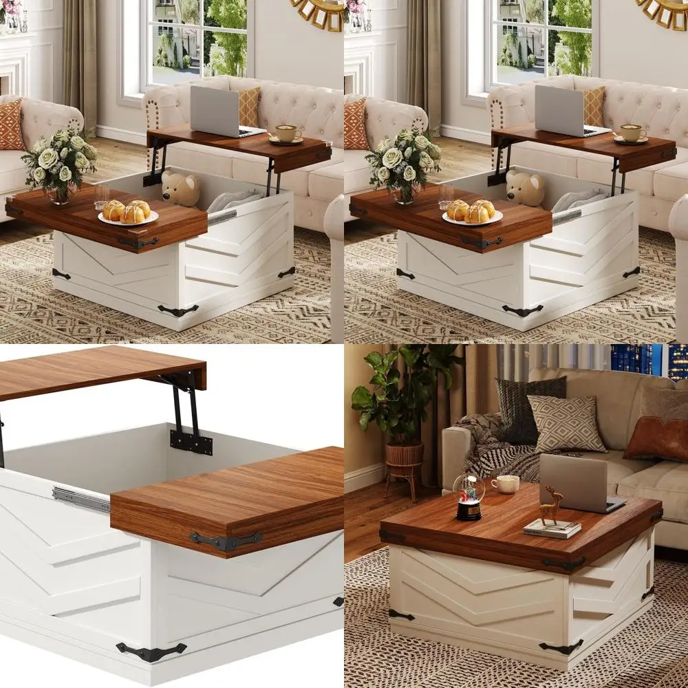 طاولة قهوة قابلة للرفع على طراز المزرعة مع مساحة تخزين منزلقة، باللون الأبيض، لغرفة المعيشة أو غرفة النوم أو المكتب المنزلي #1