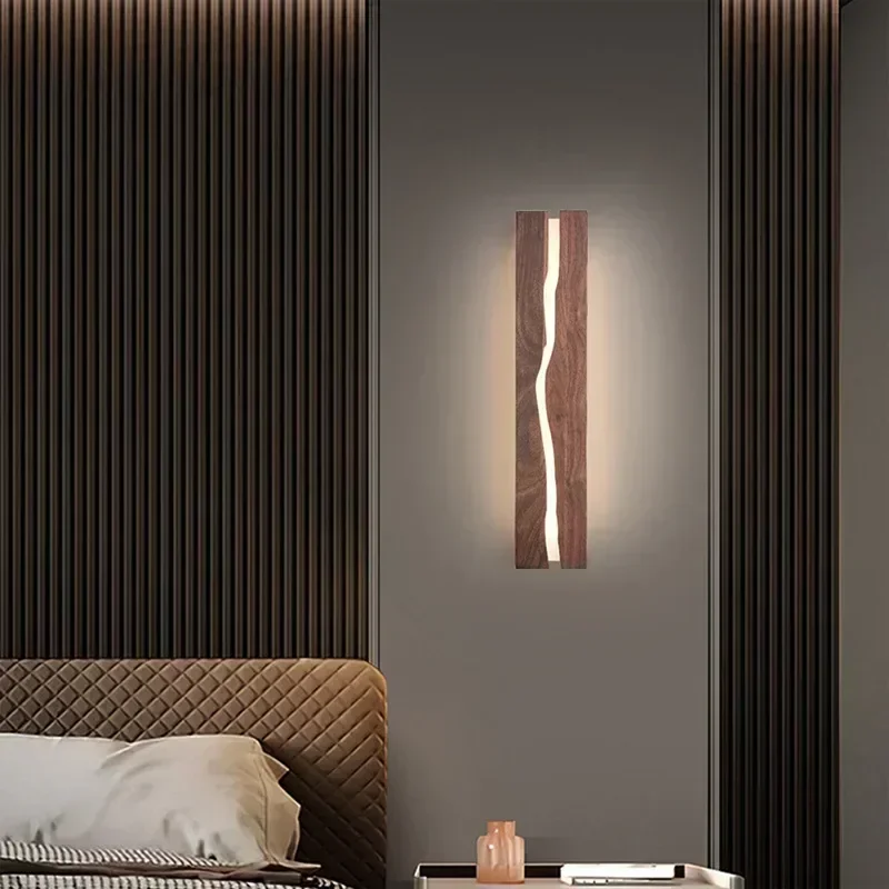 

SANDYHA Nordic Walnut Wall Lamp Creative Acrylic Lampshade Living Room Bedroom Indoor Lighting Modern Decoration Warm Light
