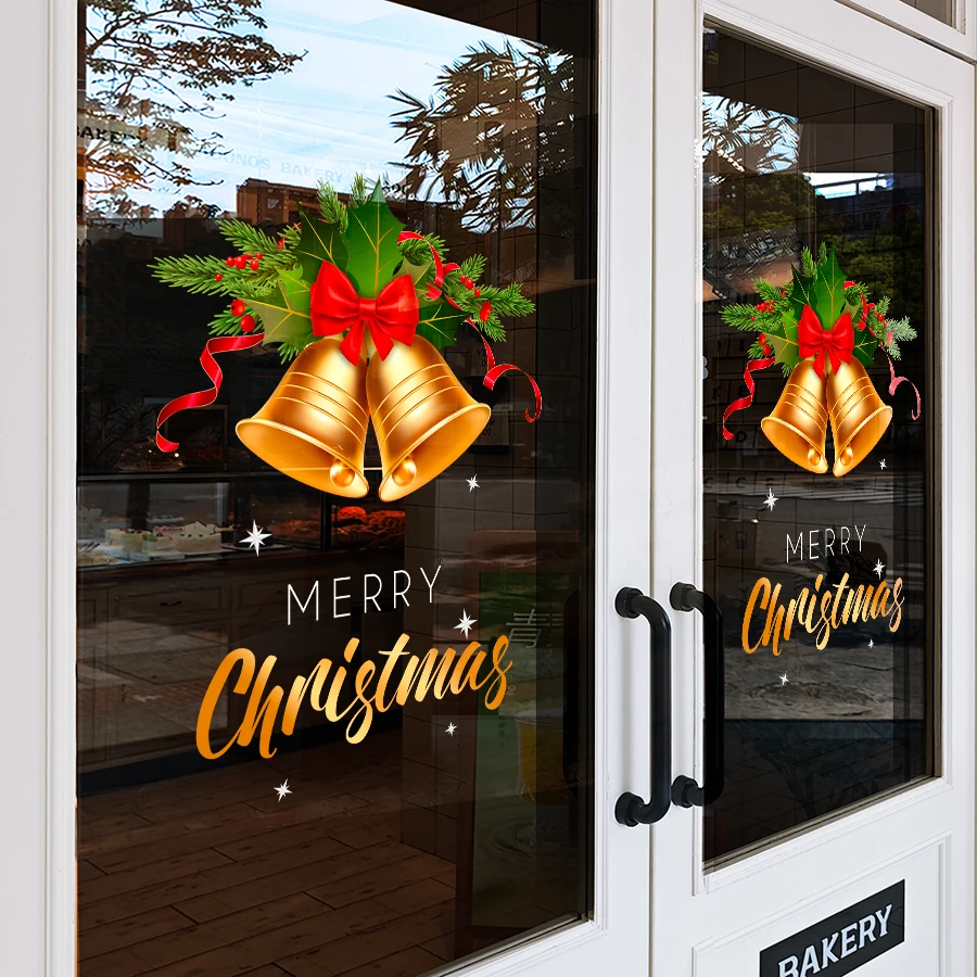 45× 60cm Gold Bells Red Bow Christmas Static Cling Window Stickers Holly Branches Removable Static Glass Stickers Shop Cafe Home