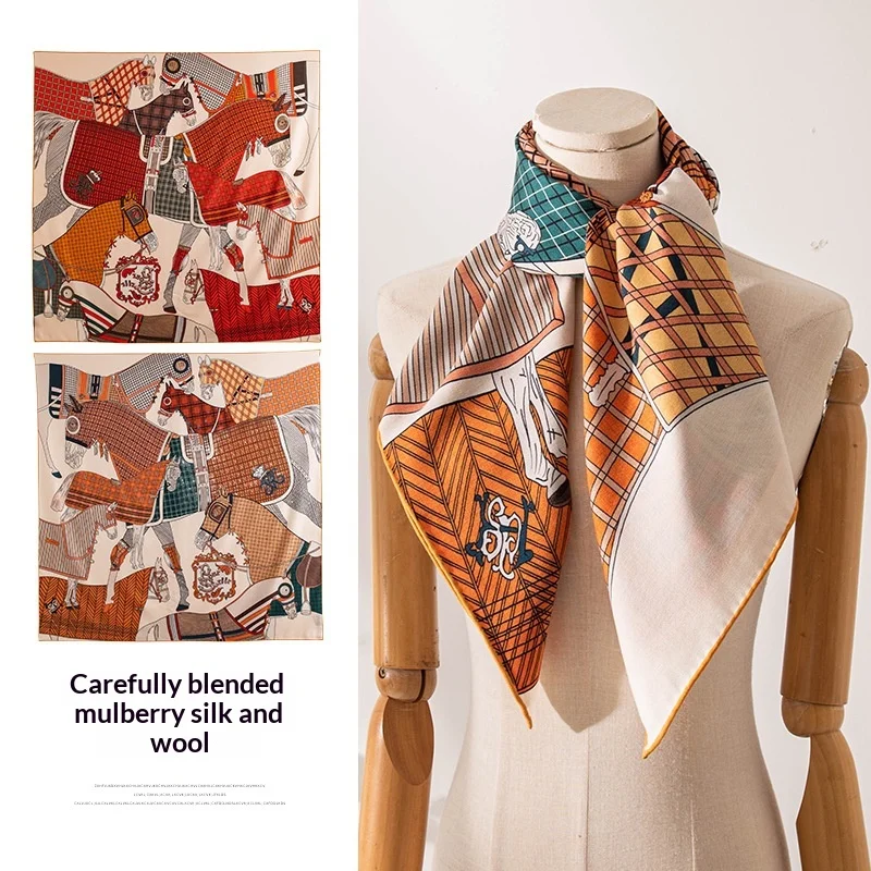 Literary retro hand-rolled silk wool 110 square scarves autumn light luxury mulberry silk wool scarves shawls dual-purpose