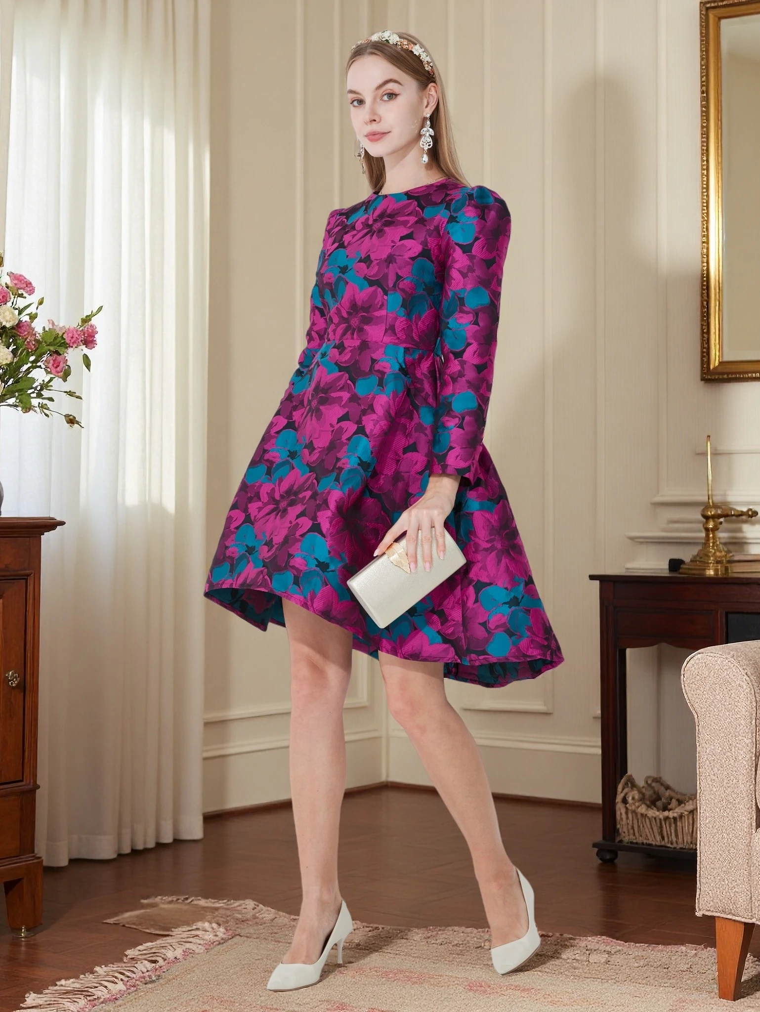 DEVCHATA High Quality Women long Sleeve Dress Elegant Boho Floral Jacquard Dress Fashion Party Autumn winter Dress
