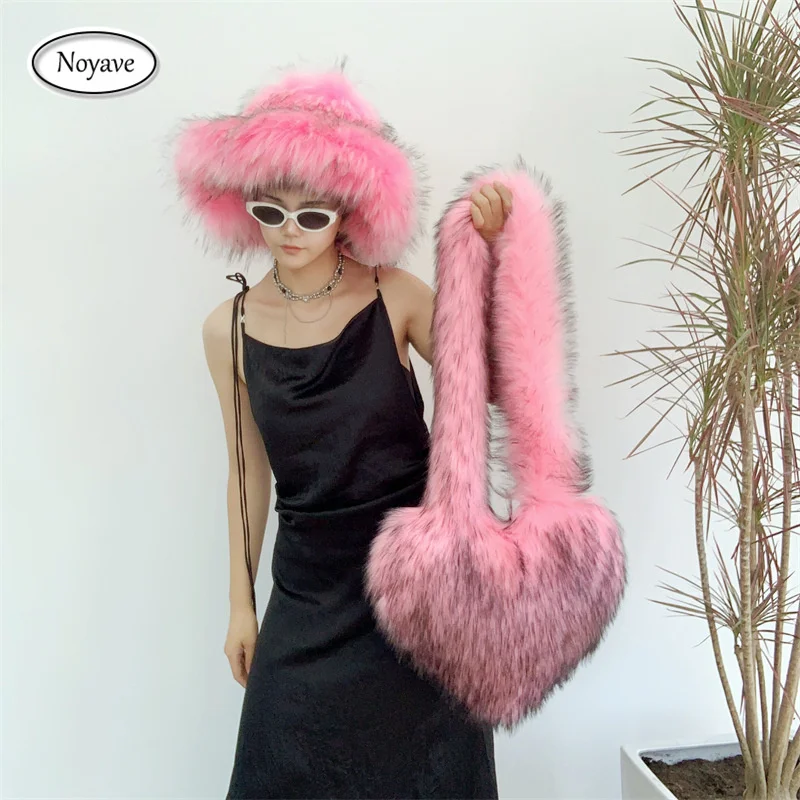 New Pink Large Brim Winter Warm Plush Bucket Hat and Bag Women\'s Imitation Raccoon Fur Fisherman Hat Bucket Hat Hats for Women