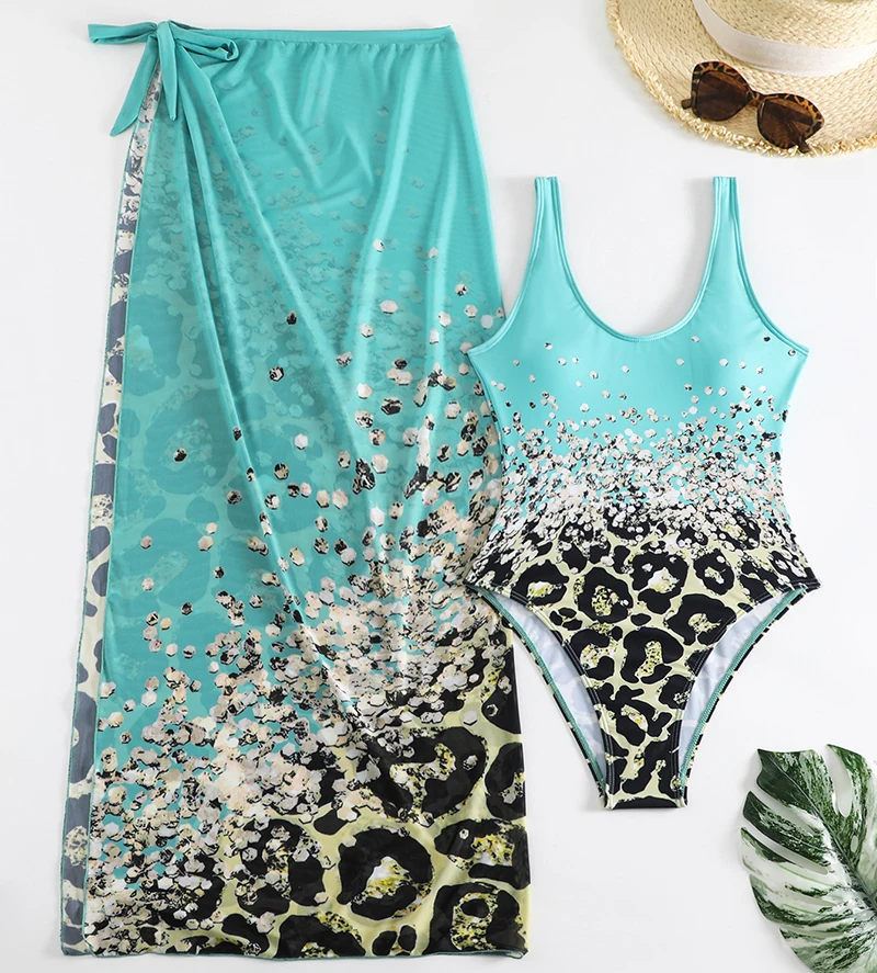 Sexy One Piece Swimwear Women Sea World Print Push Up Monokini Bodysuit Swimsuit Sheer Wrap Skirt Two-piece Set Bathing Suits