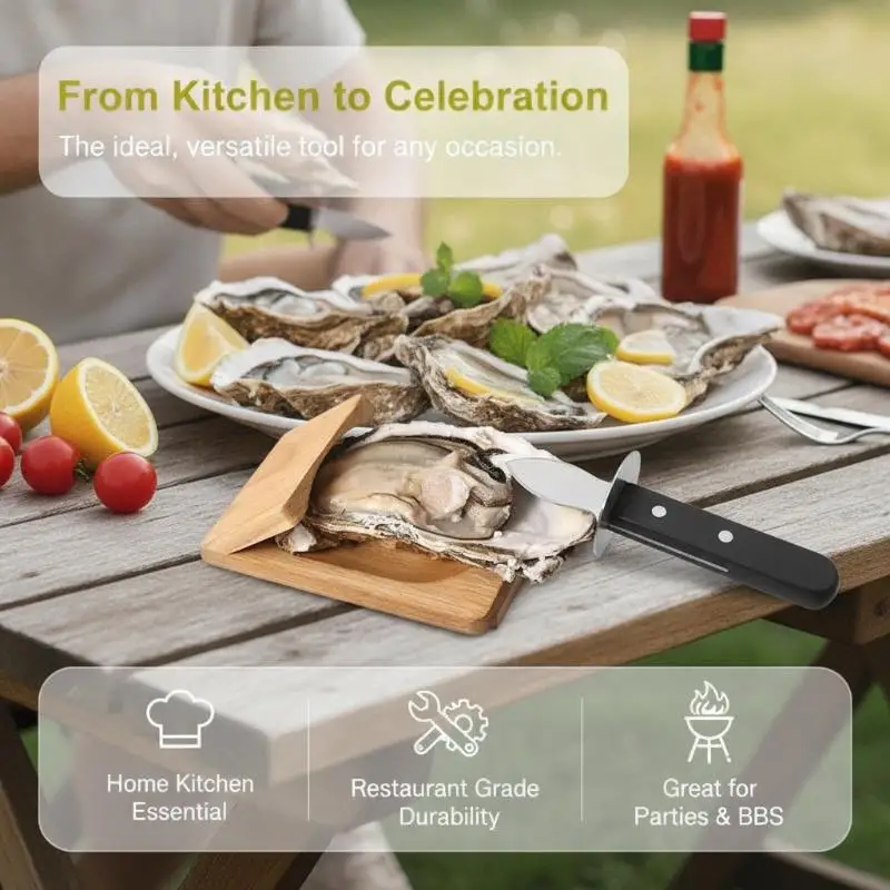 Professional Oyster Shucking Set Stainless Steel Knife Non-Slip Handle with Wooden Base for Household Seafood Processing