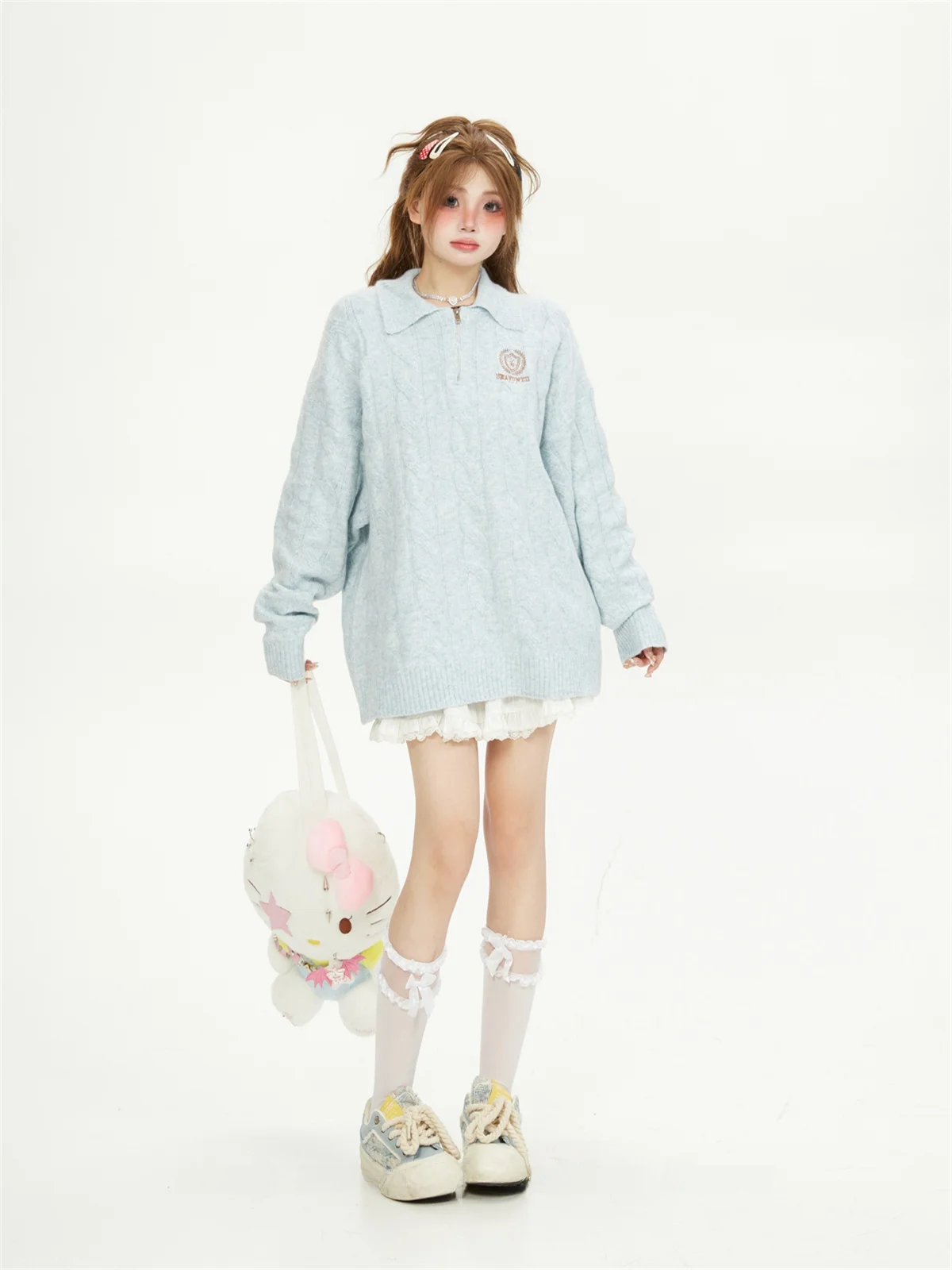 

Синий свитер с воротником на молнии, свободный крой, осень-зима, женская модная пряжа, теплый длинный топ све