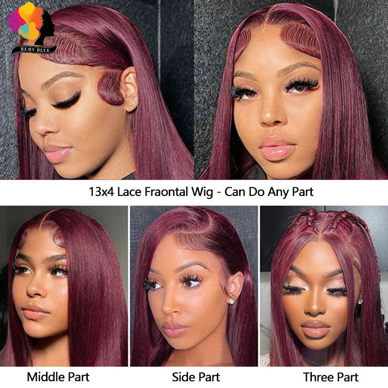 Peruvian Straight Hair 13X6 Lace Frontal Wig Human Hair Wigs 99J Dark Burgundy Pre-Plucked 180% Remy Human Hair Lace Front Wigs