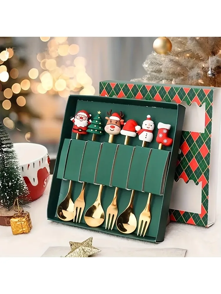 2/4/6 Stuks Kerst Vork En Lepel Set, Roestvrij Staal Creatief Servies, koffie Thee Dessert Vorken En Lepels Gift Set - afbeelding 2