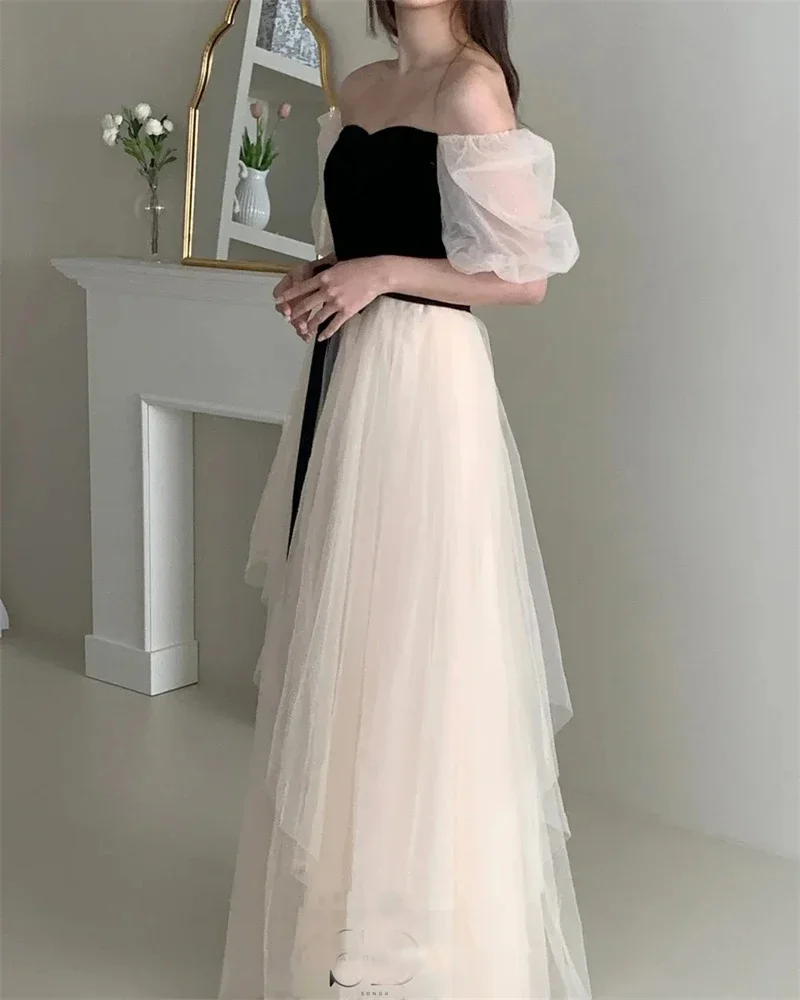 ML Contrast Color Korean Evening Dresses Customized Elegant Short Sleeves Formal Occasion Gown Party Dress Women Prom Dresses