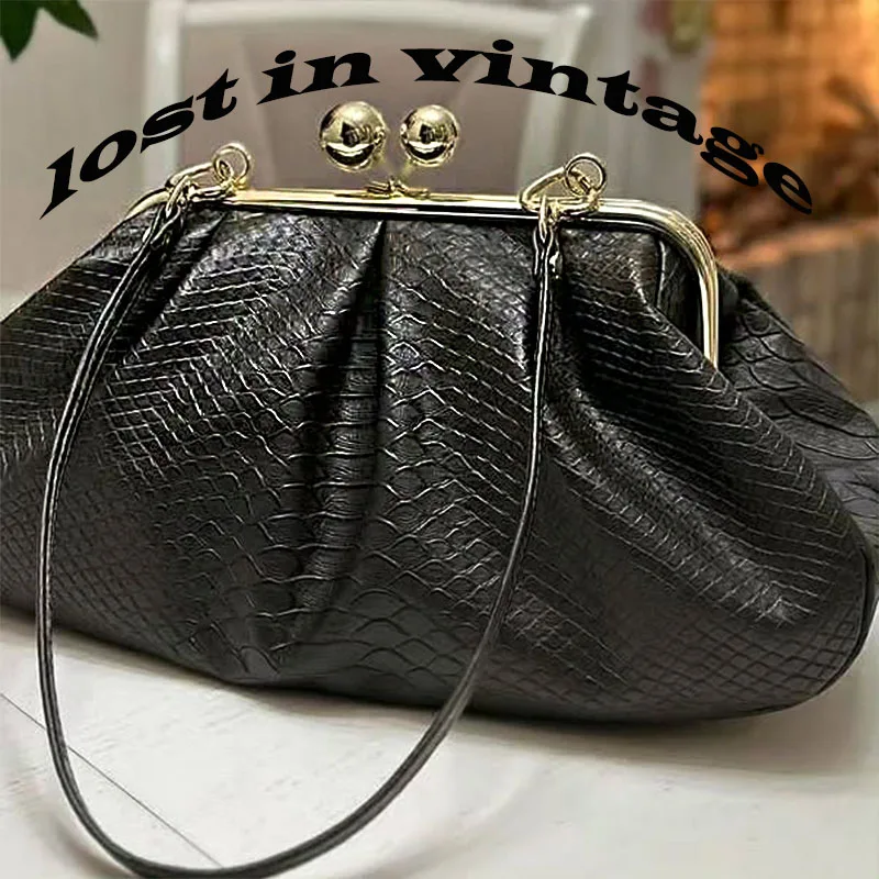 LOST IN VINTAGE PU Leather Material with Woven tTexture Balls Bronze Kiss-lock Large Purse Evening Clutch Puffy Bags 35x23x12cm