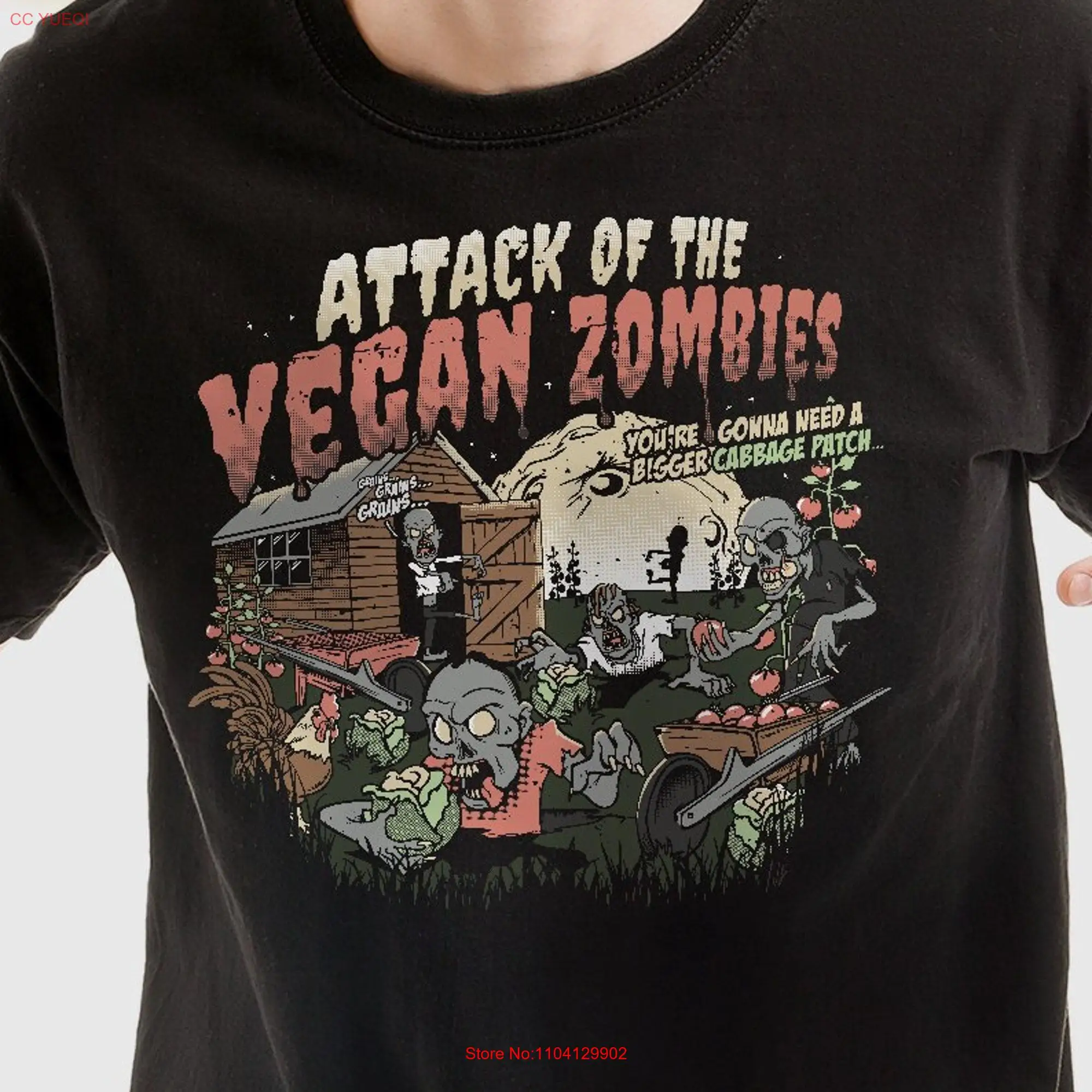 Attack of the Vegan Zombies Funny Comic Halloween T Shirt for Vegans Vegetarians long or short sleeves