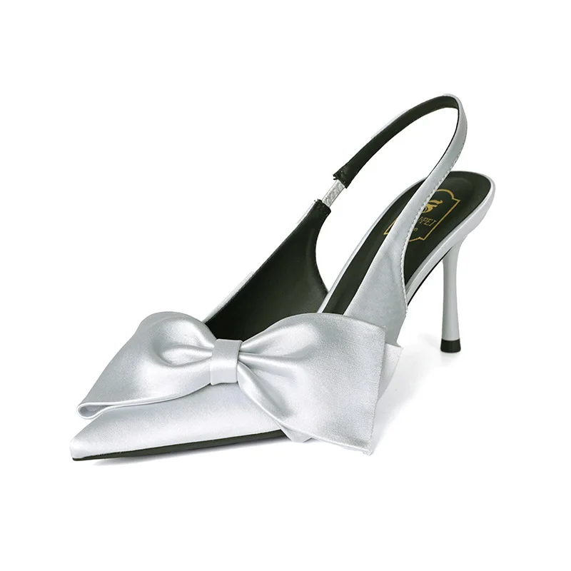 

2026 Women's Satin Pointed Toe Stiletto Shoes Slingback Black/Dark Gray/Silver Gray Bowknot French Party Shoes (8CM Heel) Q-756